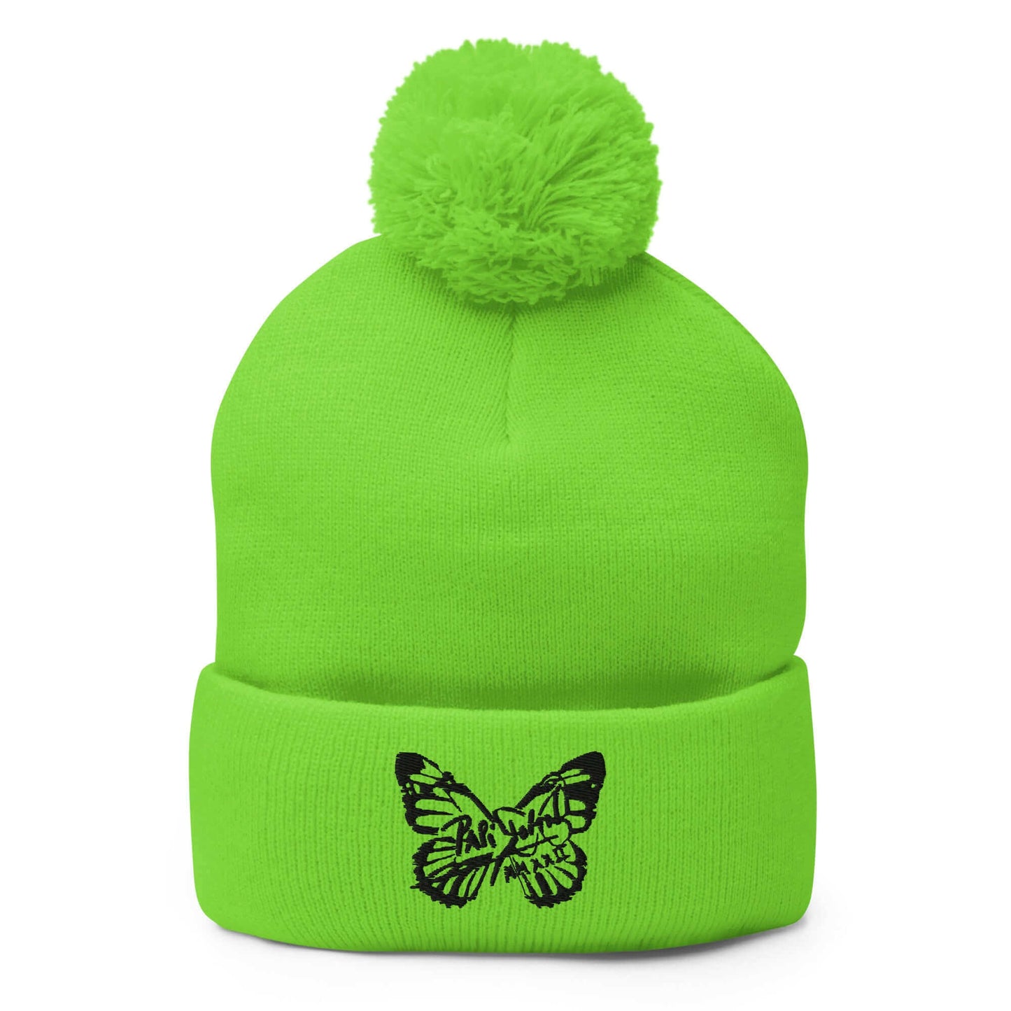 PapiJohn® The Butterfly Signature Pom-Pom Beanie in electrifying neon green front view framing the custom black embroidery butterfly shape outline by $arah Free 💎 | Artist-Driven Streetwear