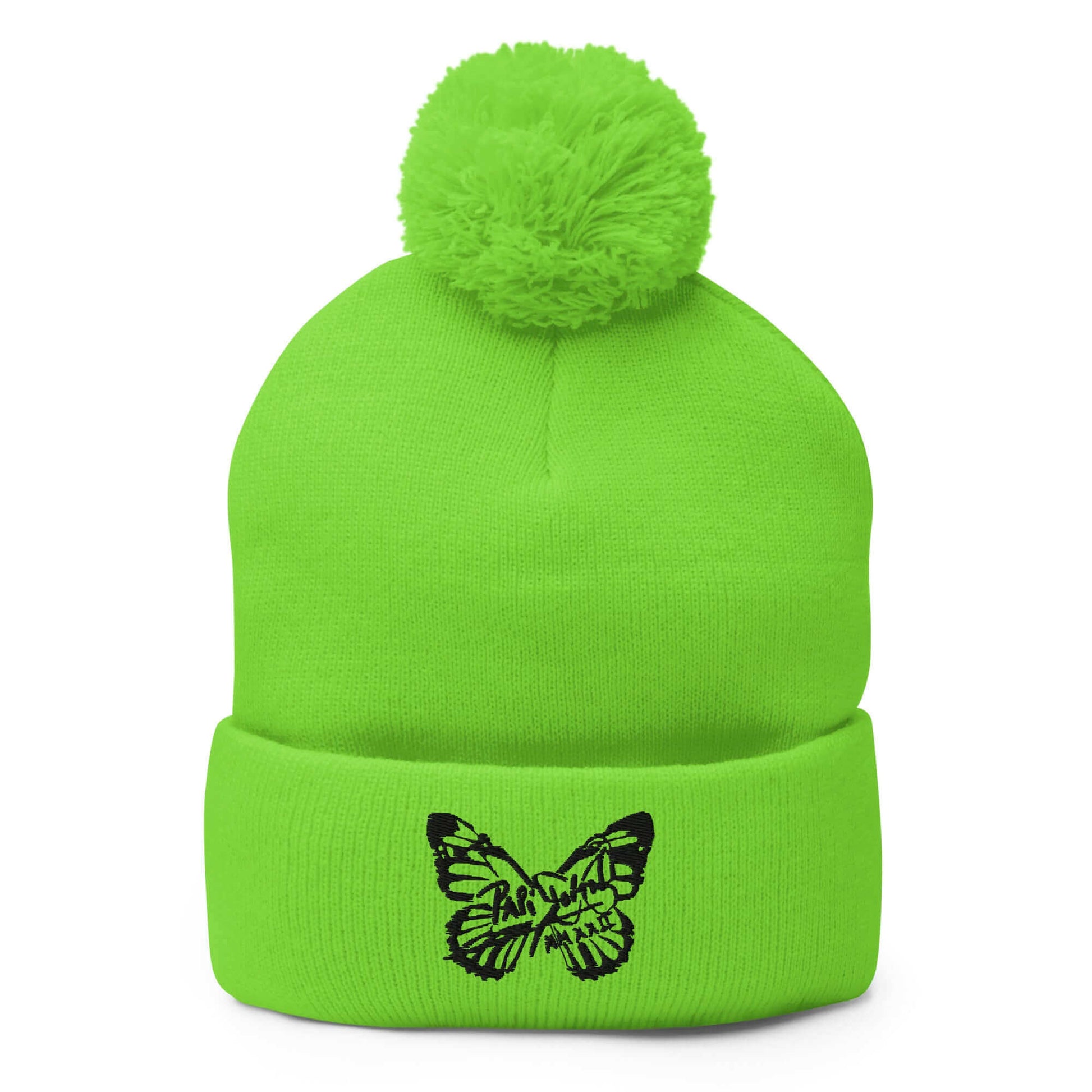 PapiJohn® The Butterfly Signature Pom-Pom Beanie in electrifying neon green front view framing the custom black embroidery butterfly shape outline by $arah Free 💎 | Artist-Driven Streetwear