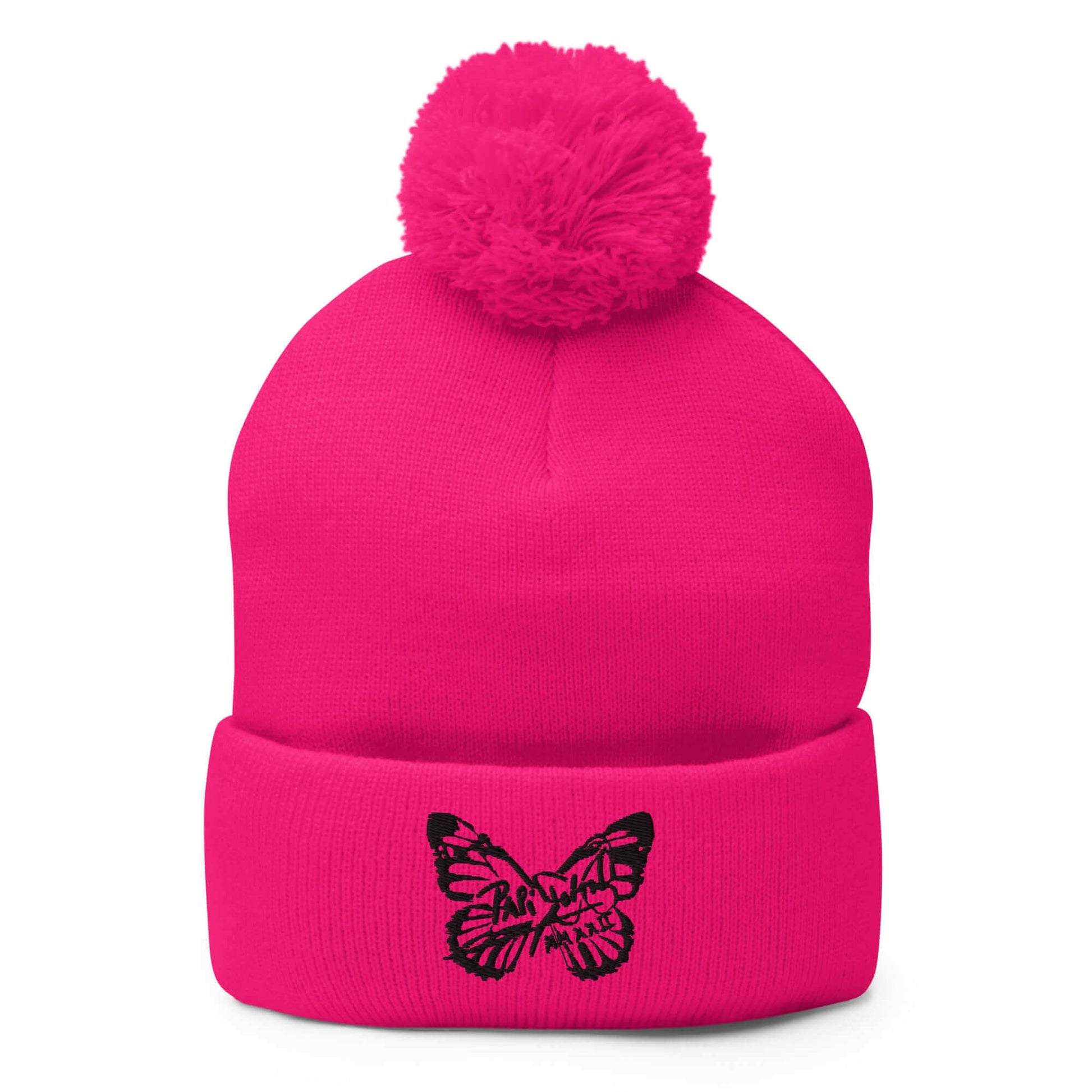 PapiJohn® The Butterfly Signature Pom-Pom Beanie in high-voltage neon pink front view highlighting the striking black embroidered butterfly icon by $arah Free 💎 | Wearable Art Fashion
