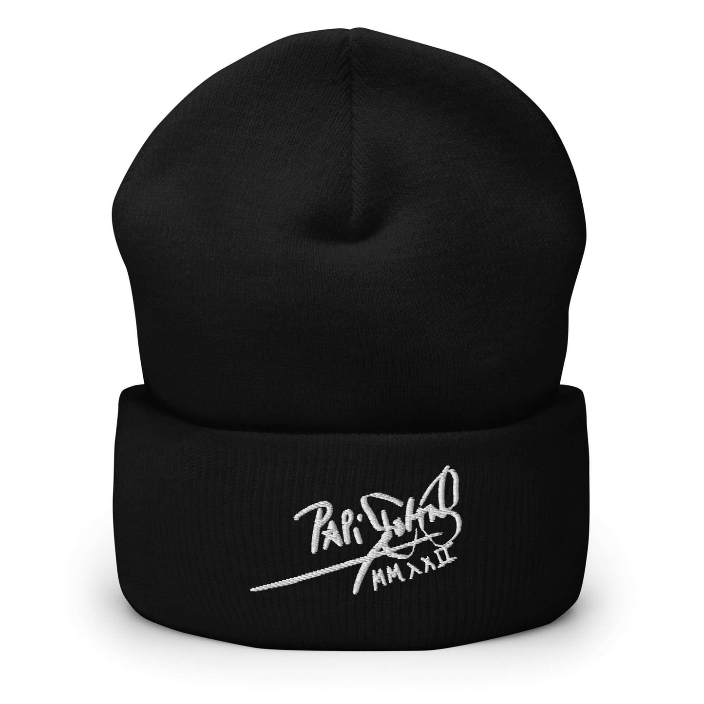 PapiJohn® The Classic Icon White Signature Beanie in solid black front view showcasing the crisp contrast of the custom white branding script embroidered across the premium cuffed knit layout | Sala 1 Wearable Art Fashion