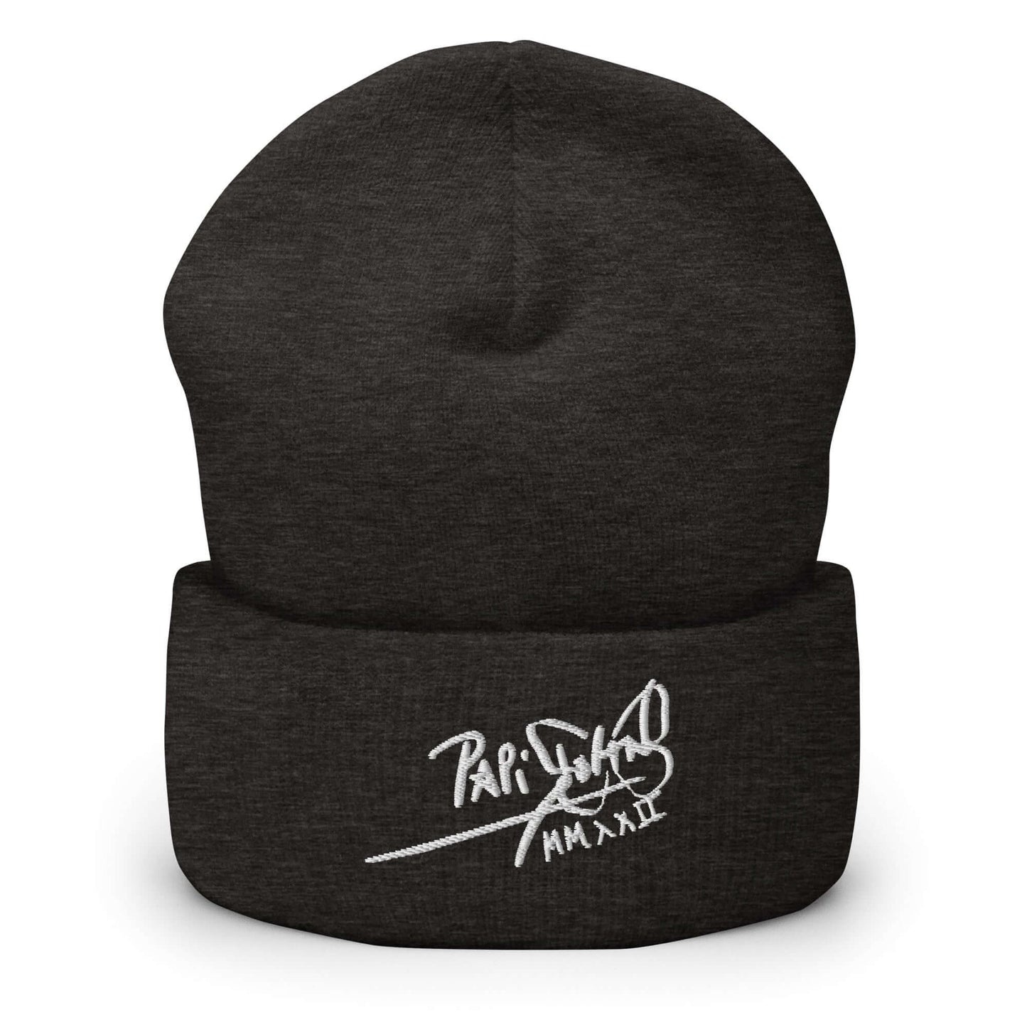 PapiJohn® The Classic Icon White Signature Beanie in industrial dark grey front view accentuating the striking dimensional relief of the white thread stitch by $arah Free 💎 | High-Tier Archive