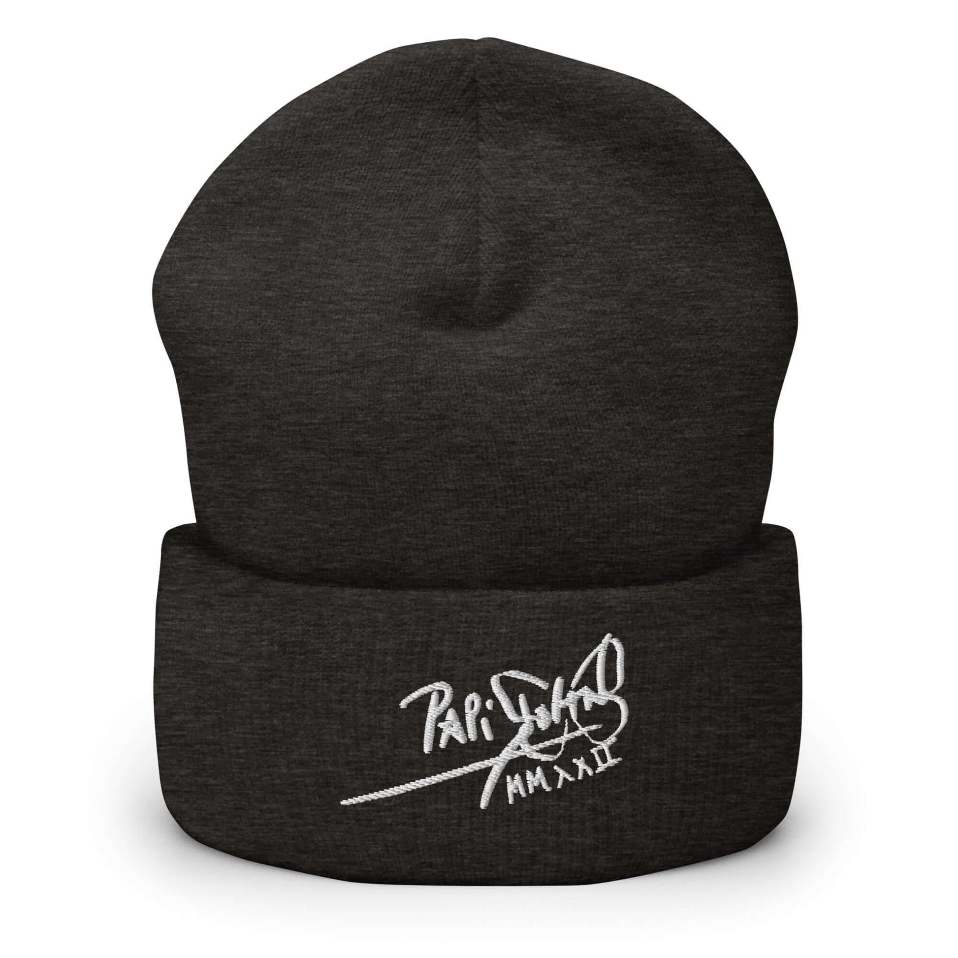 PapiJohn® The Classic Icon White Signature Beanie in industrial dark grey front view accentuating the striking dimensional relief of the white thread stitch by $arah Free 💎 | High-Tier Archive