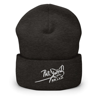 PapiJohn® The Classic Icon White Signature Beanie in industrial dark grey front view accentuating the striking dimensional relief of the white thread stitch by $arah Free 💎 | High-Tier Archive