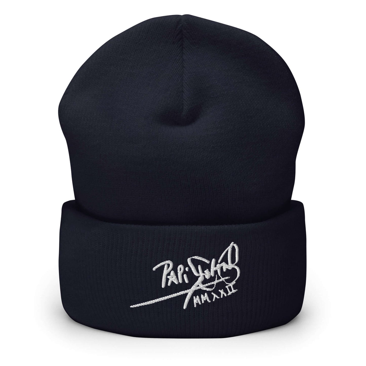 PapiJohn® The Classic Icon White Signature Beanie in deep subcultural navy front layout highlighting the clean white calligraphic typography embroidered on the soft cuffed edge | Artist-Led Streetwear