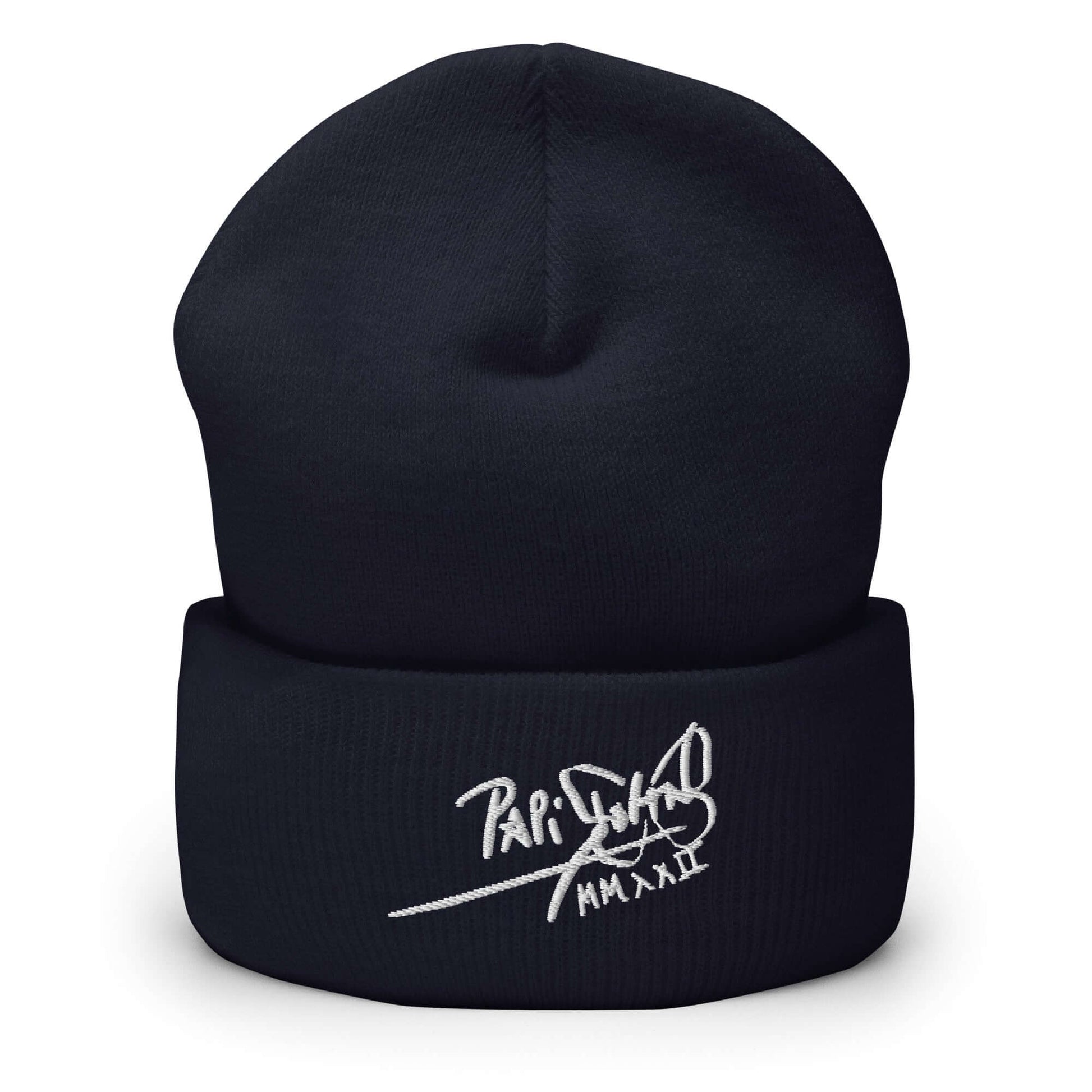 PapiJohn® The Classic Icon White Signature Beanie in deep subcultural navy front layout highlighting the clean white calligraphic typography embroidered on the soft cuffed edge | Artist-Led Streetwear