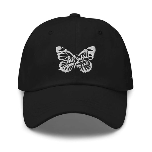 PapiJohn® The Classic Signature Baseball Crown structural canvas front view highlighting the signature butterfly design embroidered in fine high-density monochrome thread | Sala 1 Wearable Art Fashion 