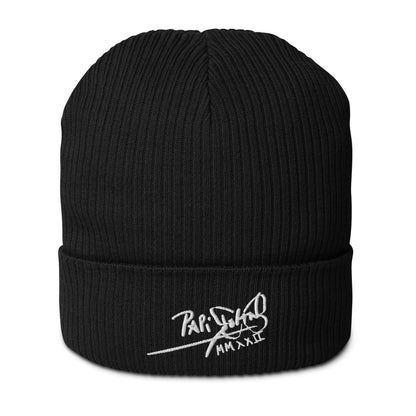 PapiJohn® The Eco-Signature Beanie premium eco-friendly headwear front view showcasing the classic white embroidered script signature on a solid black double-layer organic cotton ribbed knit structure by $arah Free 💎 | Artist-Driven Streetwear