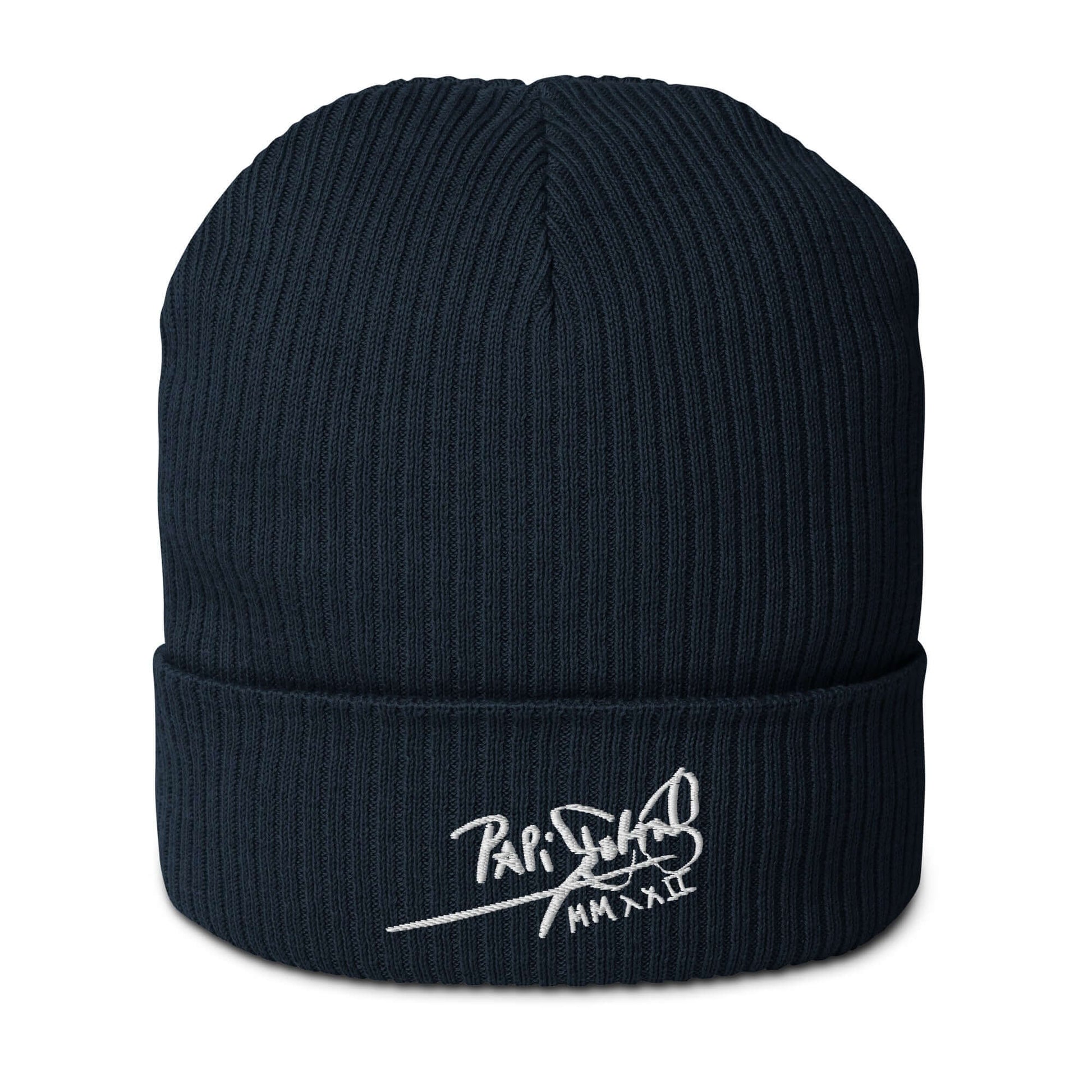 PapiJohn® The Eco-Signature Beanie premium eco-friendly headwear front view showcasing the classic white embroidered script signature on a deep navy blue double-layer organic cotton ribbed knit structure by $arah Free 💎 | Artist-Led Streetwear