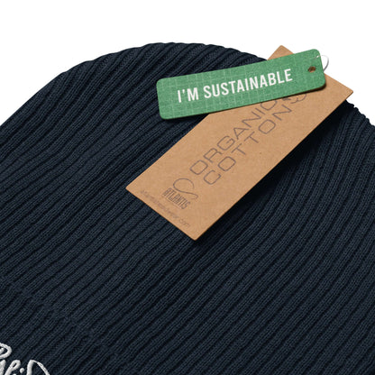 PapiJohn® The Eco-Signature Beanie premium eco-friendly headwear interior brand authentication tag and care label layout sewn on the sustainable navy ribbing by $arah Free 💎 | Streetwear d'Auteur