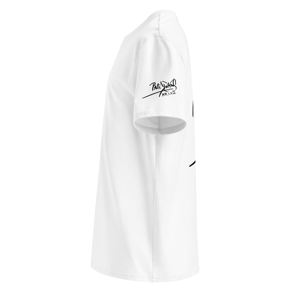 Left sleeve detail view of SALA 9 | Eco-Soul | Be Unique: The Raw Statement on White Canvas by PapiJohn®, displaying the signature studio icon mark on sleeve. Rebel luxury detail, high-end streetwear, and honest luxury fashion brand ideado en Cadifornia by $arah Free 💎 artist-driven.