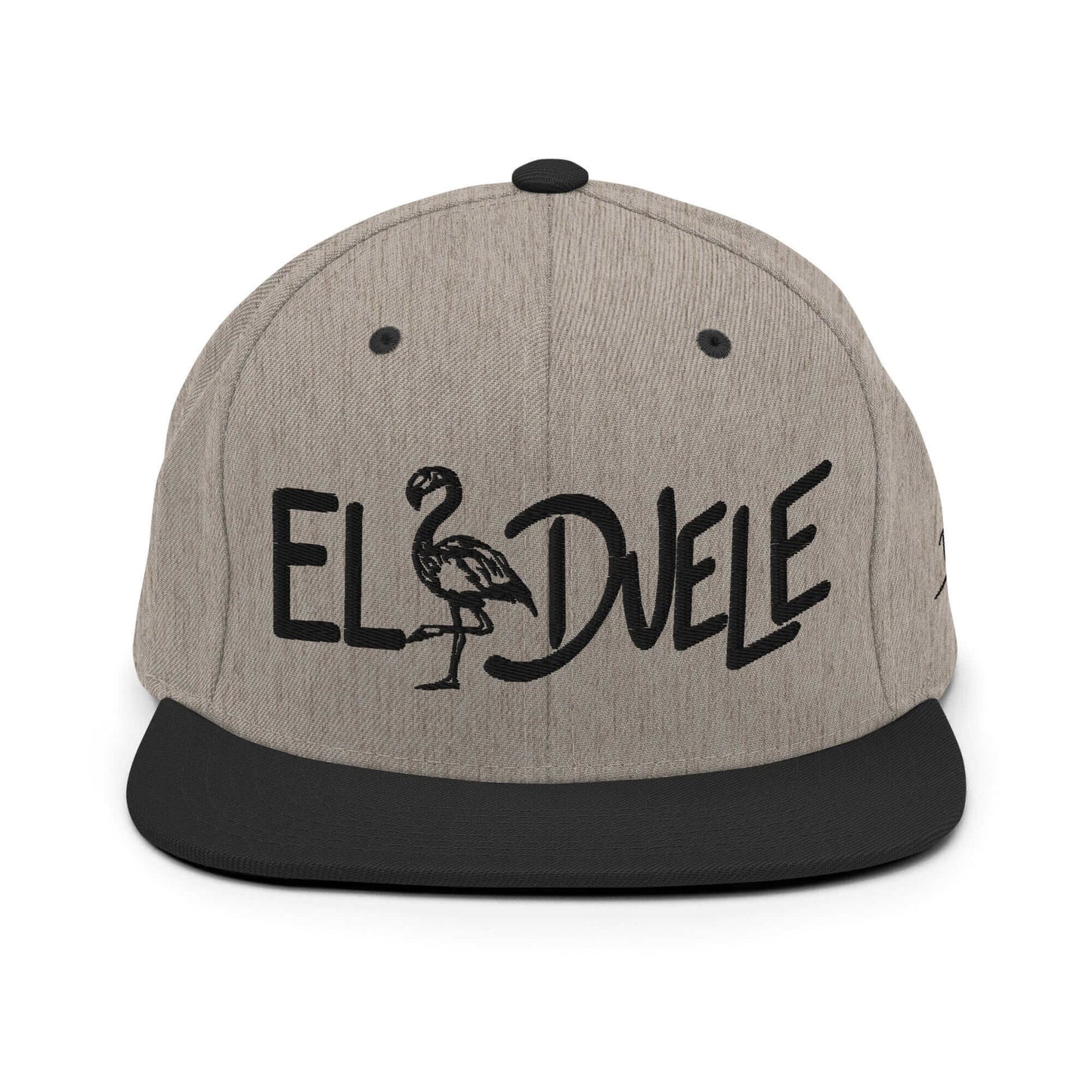 PapiJohn® The El Flamenco Duele 3D Special Edition Snapback in black heather front view rendering the subtle tactile depths of the black 3D stitch script | Sala 1 Wearable Art Fashion