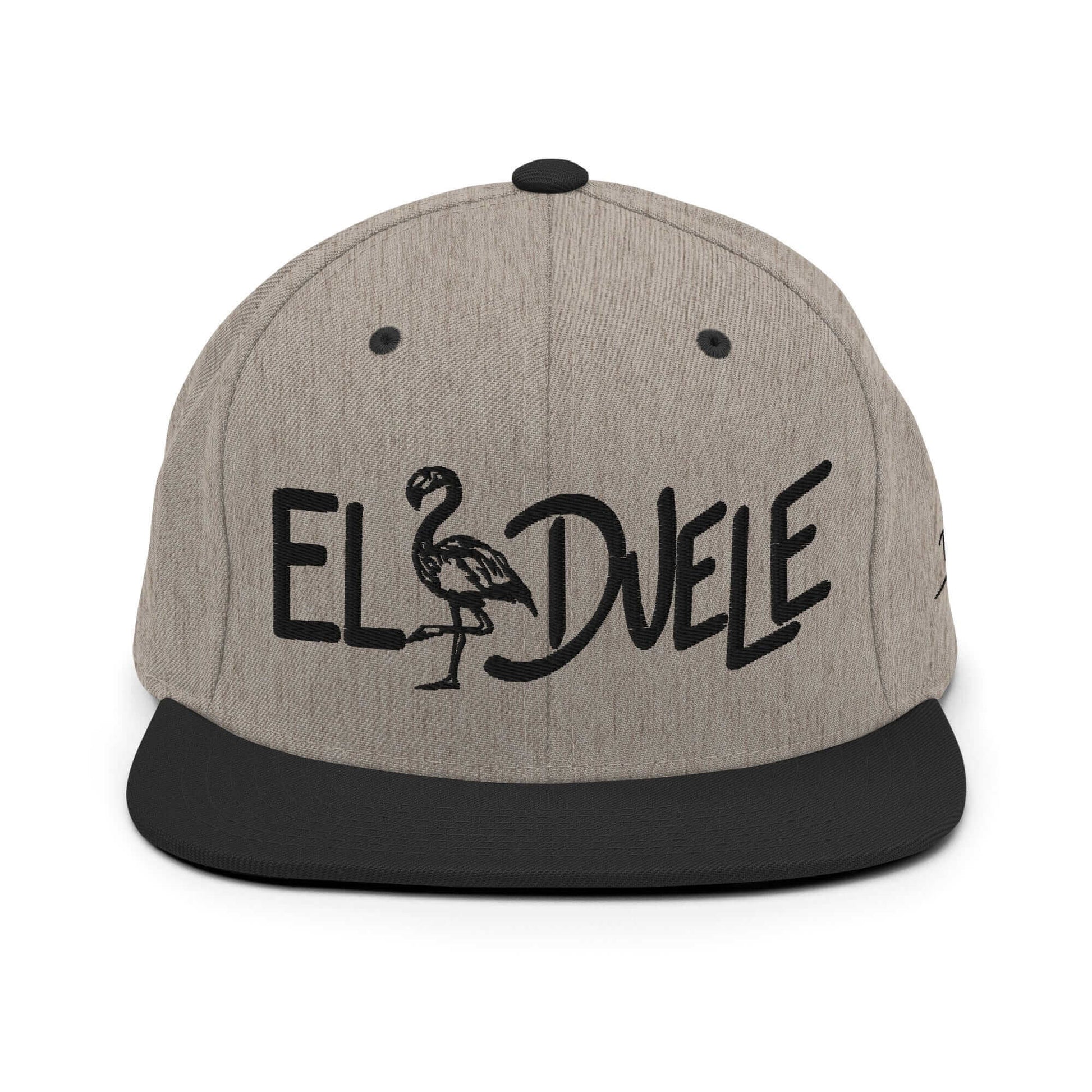 PapiJohn® The El Flamenco Duele 3D Special Edition Snapback in black heather front view rendering the subtle tactile depths of the black 3D stitch script | Sala 1 Wearable Art Fashion