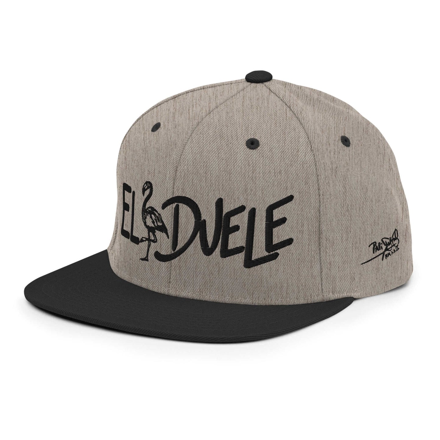 PapiJohn® The El Flamenco Duele 3D Special Edition Snapback in black heather left profile highlighting the rigid high crown height and flat visor contour line | Streetwear d'Auteur