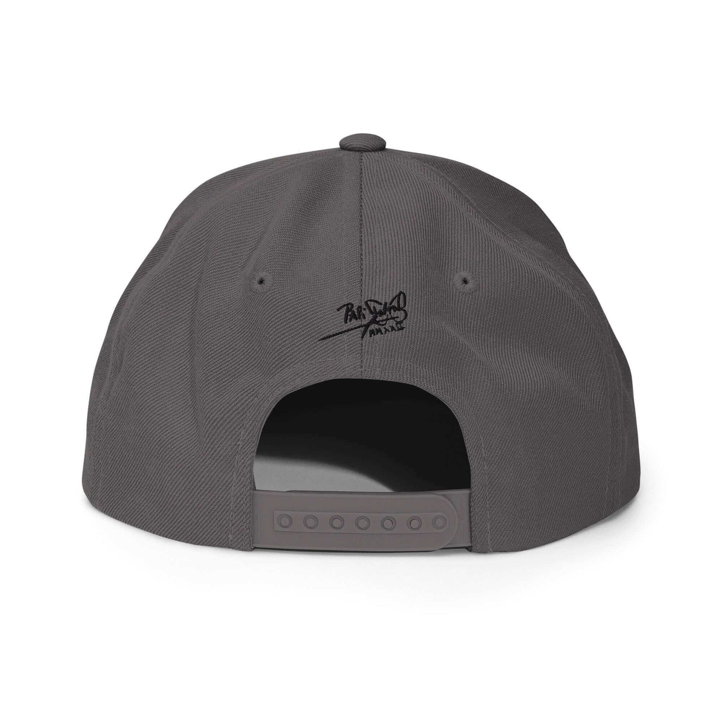 PapiJohn® The El Flamenco Duele 3D Special Edition Snapback in dark grey back view tracing the pristine seam intersections and multi-position snap strap closure | Artist-Led Streetwear