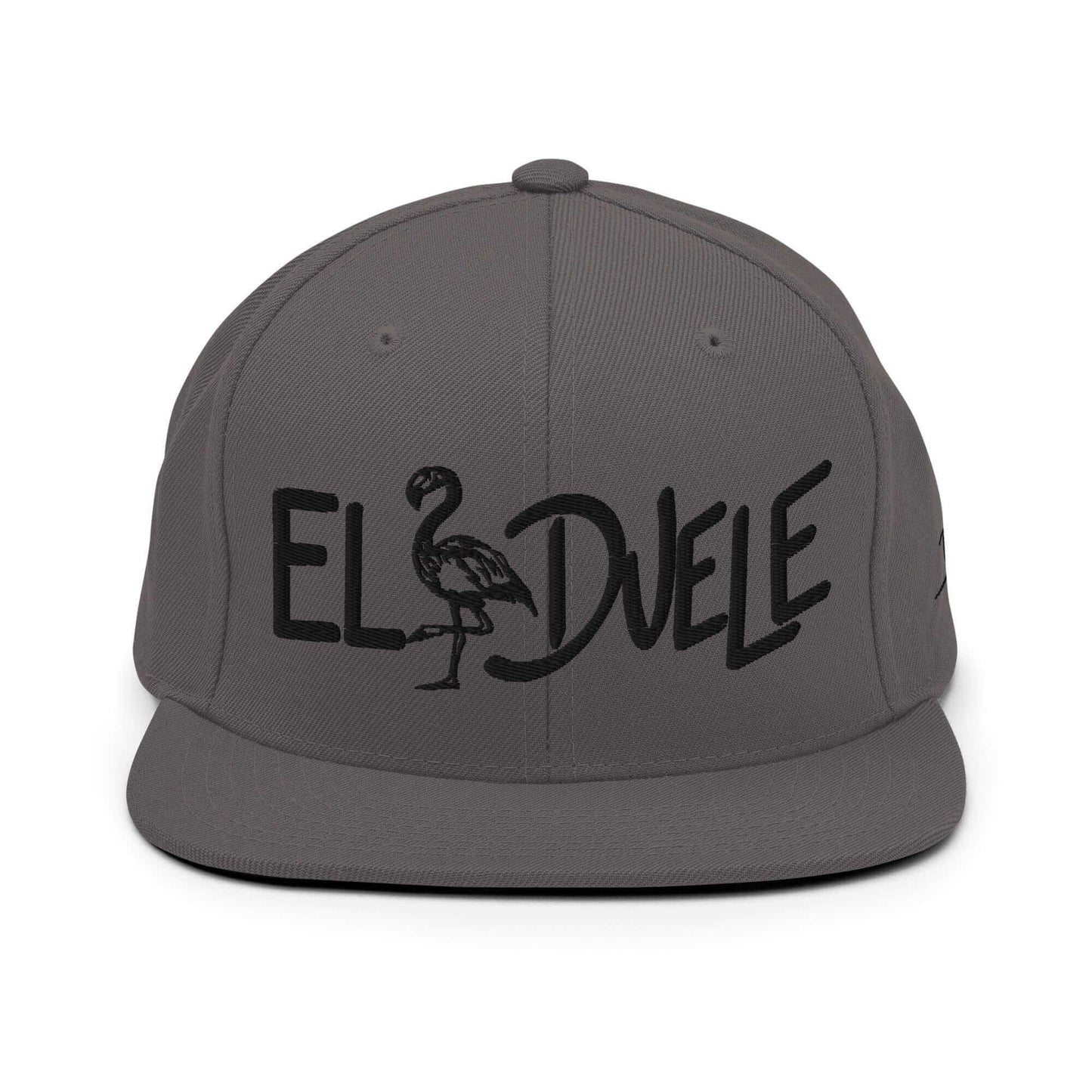 PapiJohn® The El Flamenco Duele 3D Special Edition Snapback in dark grey front view highlighting the striking contrast of the black tridimensional embroidery artwork | Sala 1 Wearable Art Fashion