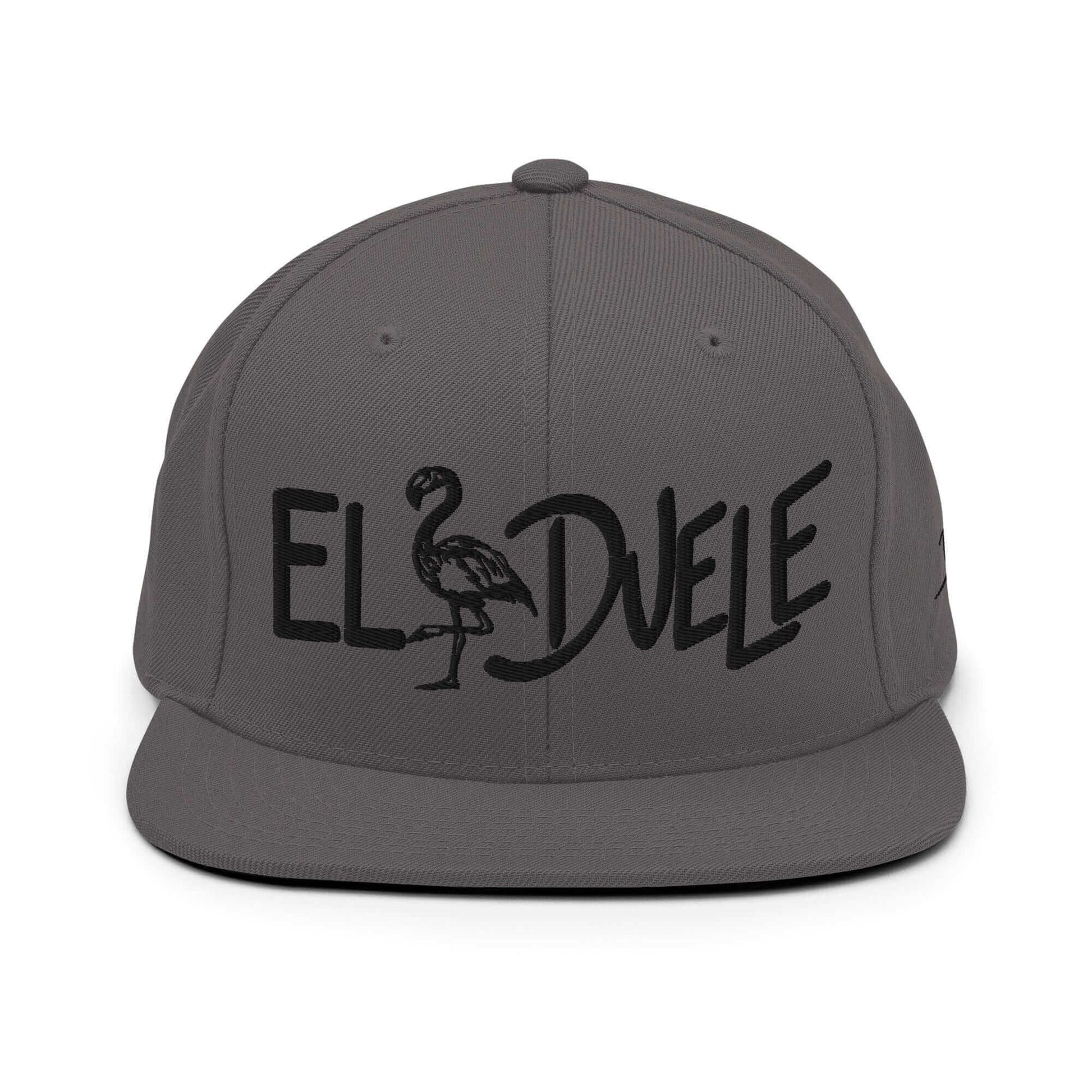 PapiJohn® The El Flamenco Duele 3D Special Edition Snapback in dark grey front view highlighting the striking contrast of the black tridimensional embroidery artwork | Sala 1 Wearable Art Fashion
