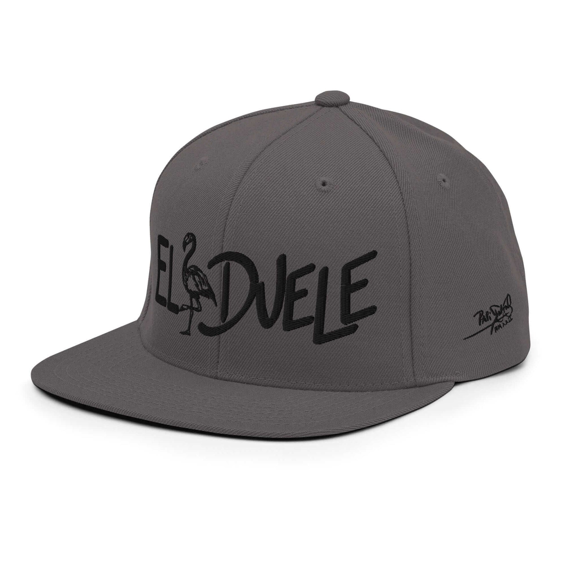 PapiJohn® The El Flamenco Duele 3D Special Edition Snapback in dark grey left profile displaying the high-profile crown architecture and flat bill curvature finish | Streetwear d'Auteur