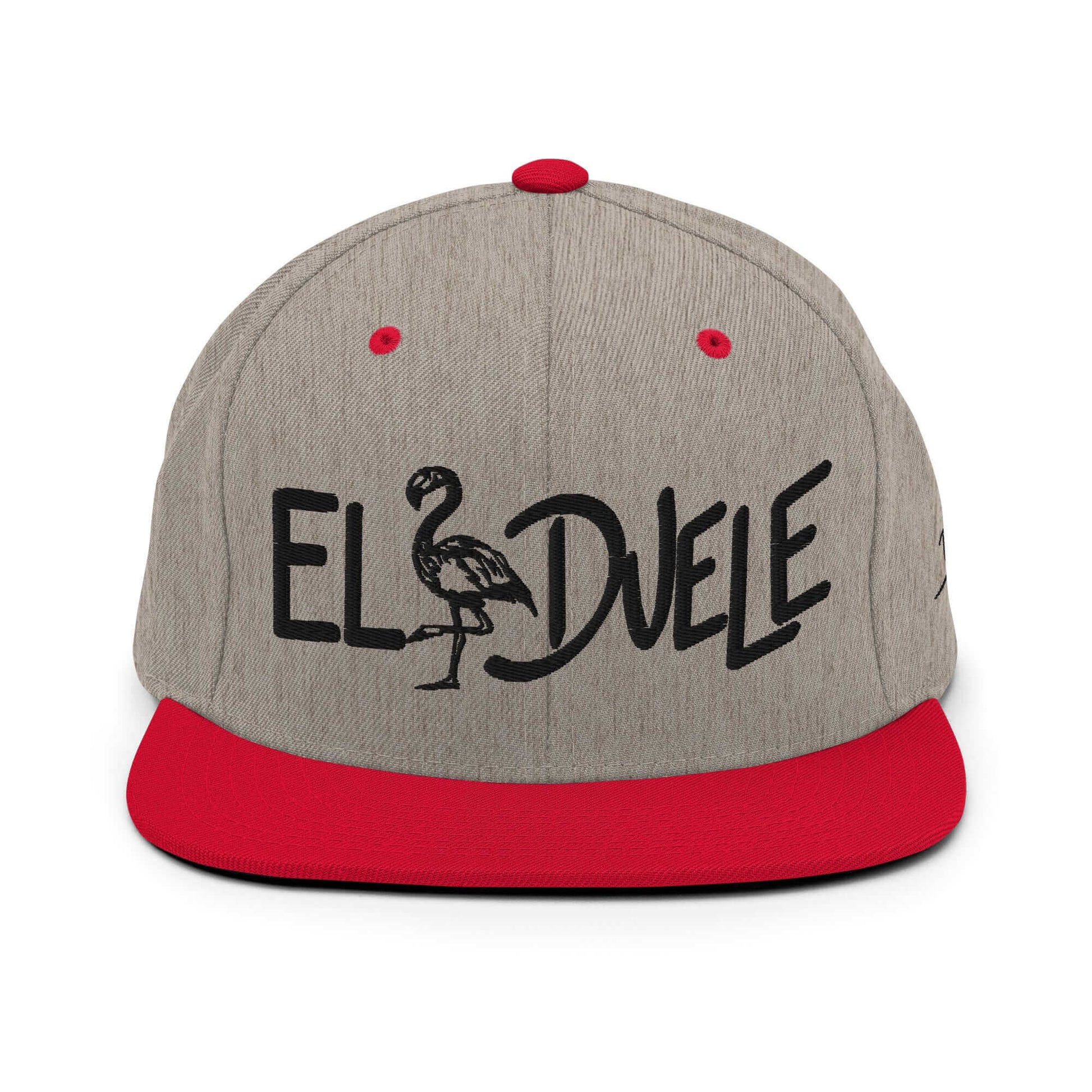 PapiJohn® The El Flamenco Duele 3D Special Edition Snapback in heather grey and red dual-panel front view highlighting the intense black 3D embroidery outline | Sala 1 Wearable Art Fashion