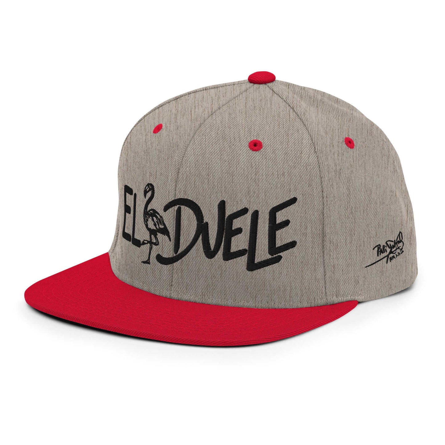 PapiJohn® The El Flamenco Duele 3D Special Edition Snapback in heather grey and red left profile displaying the geometric high crown elevation lines | Streetwear d'Auteur