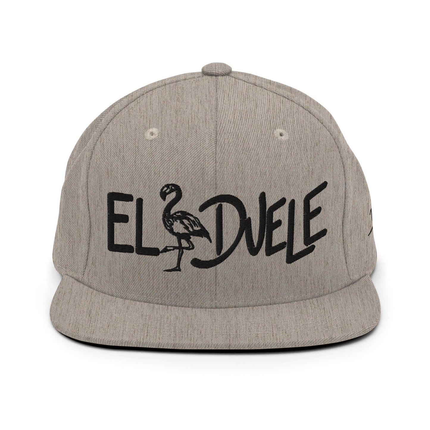 PapiJohn® The El Flamenco Duele 3D Special Edition Snapback in monochromatic heather grey front view showcasing the stark contrast of the black 3D embroidered script | Sala 1 Wearable Art Fashion