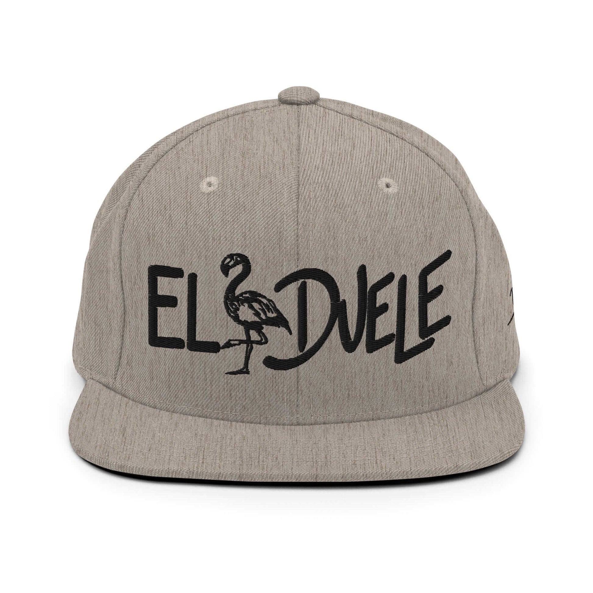 PapiJohn® The El Flamenco Duele 3D Special Edition Snapback in monochromatic heather grey front view showcasing the stark contrast of the black 3D embroidered script | Sala 1 Wearable Art Fashion