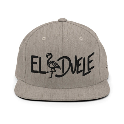 PapiJohn® The El Flamenco Duele 3D Special Edition Snapback in monochromatic heather grey front view showcasing the stark contrast of the black 3D embroidered script | Sala 1 Wearable Art Fashion