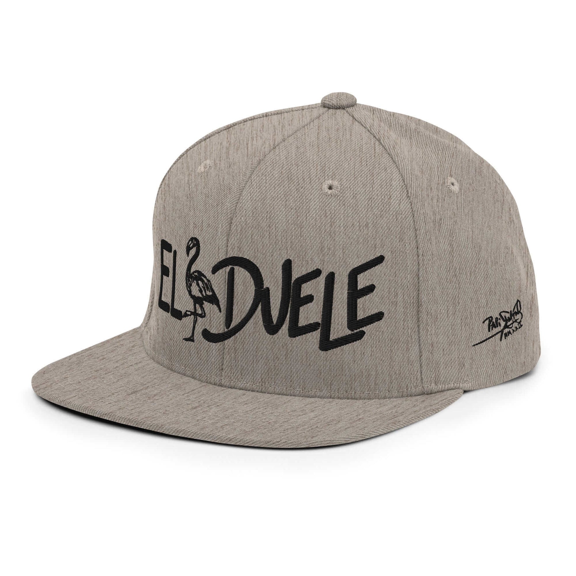 PapiJohn® The El Flamenco Duele 3D Special Edition Snapback in heather grey left profile framing the elevated crown rigidity and sharp flat visor edge contour | Streetwear d'Auteur