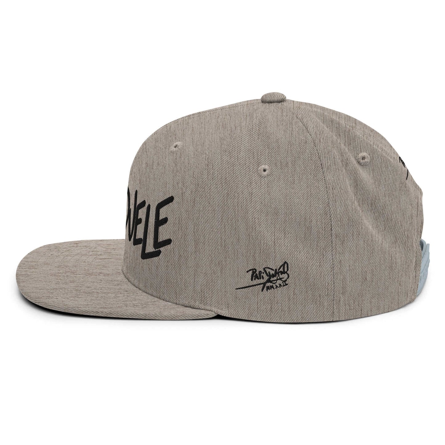 PapiJohn® The El Flamenco Duele 3D Special Edition Snapback in heather grey close-up side view capturing individual fabric grain precision and artistry line layout by $arah Free 💎 | High-Tier Archive