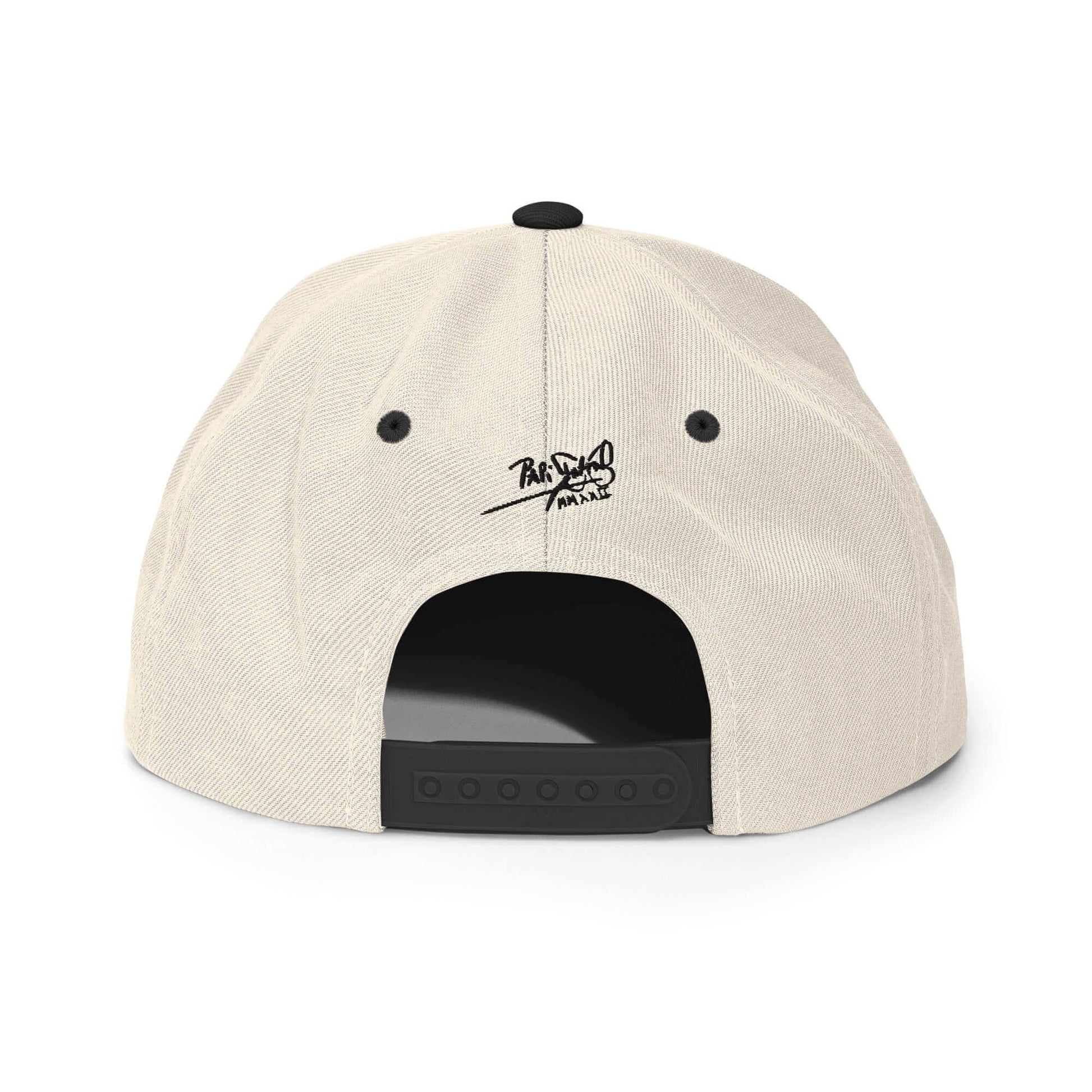 PapiJohn® The El Flamenco Duele 3D Special Edition Snapback in natural raw tone back perspective tracking the flawless panel alignment and retro adjustable closure component | Artist-Led Streetwear
