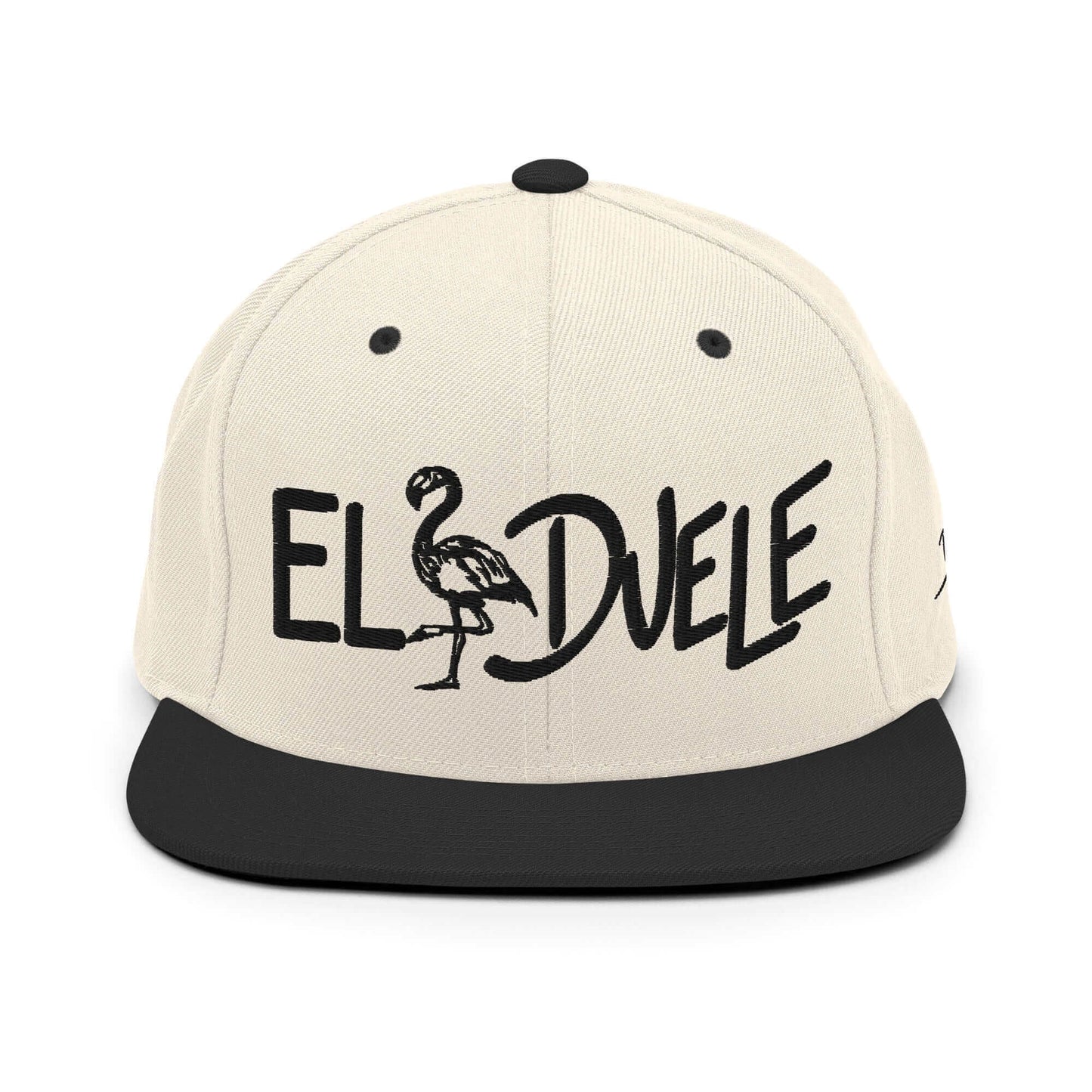 PapiJohn® The El Flamenco Duele 3D Special Edition Snapback in natural raw tone and black front view showcasing the deep visceral impact of the black 3D embroidery | Sala 1 Wearable Art Fashion