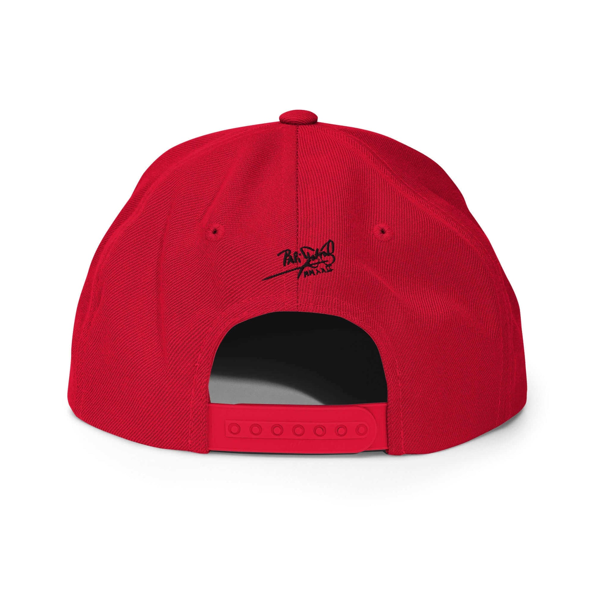 PapiJohn® The El Flamenco Duele 3D Special Edition Snapback in red back layout tracking the premium high-profile panel lines and adjustable retro sizing buckle | Artist-Led Streetwear