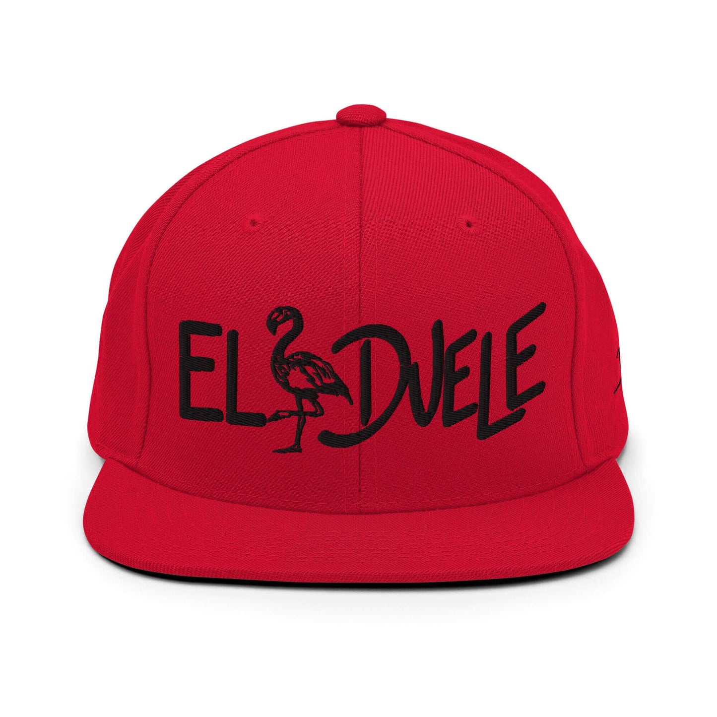PapiJohn® The El Flamenco Duele 3D Special Edition Snapback in red front view displaying the deep black volumetric typography embroidered in high-density relief | Sala 1 Wearable Art Fashion