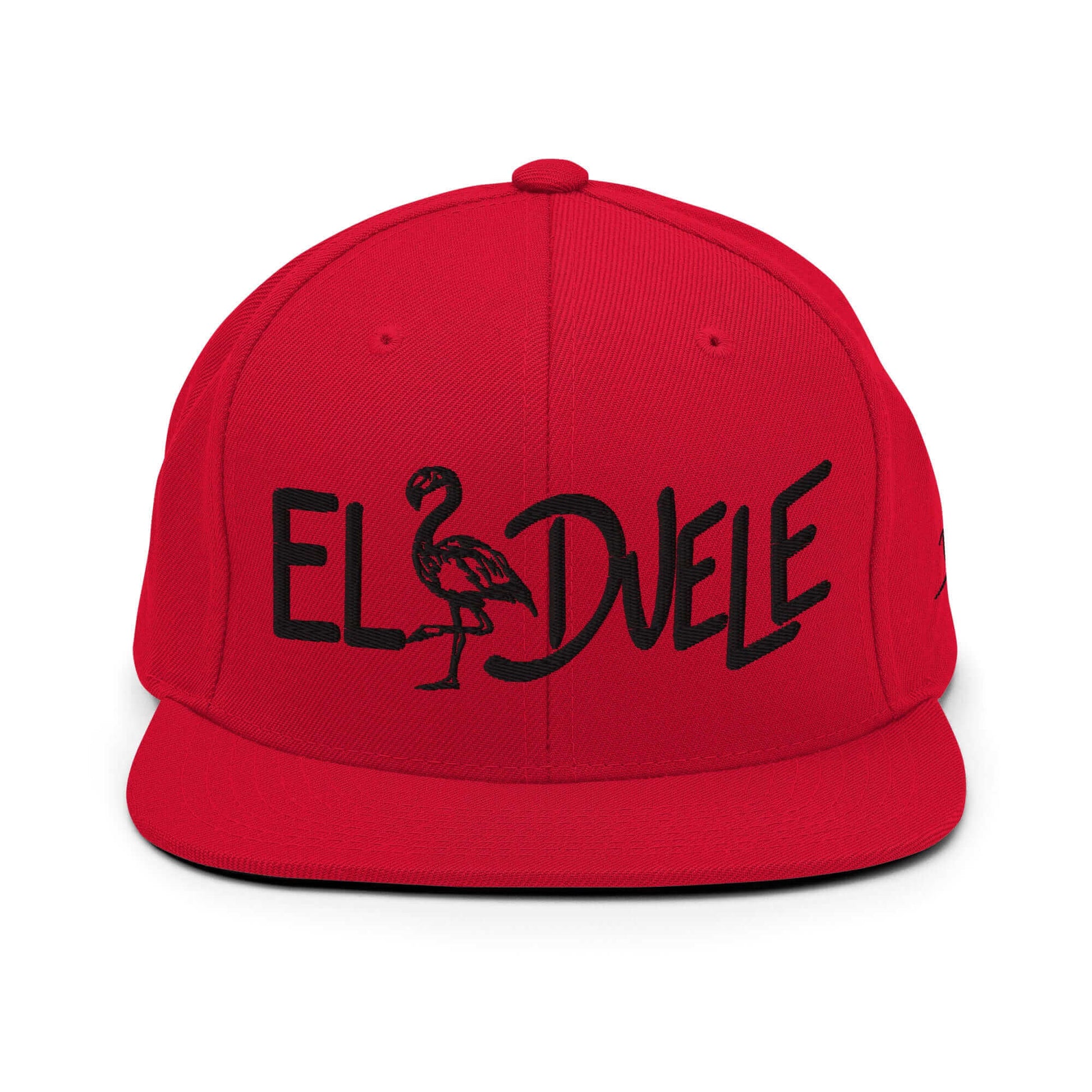 PapiJohn® The El Flamenco Duele 3D Special Edition Snapback in red front view displaying the deep black volumetric typography embroidered in high-density relief | Sala 1 Wearable Art Fashion