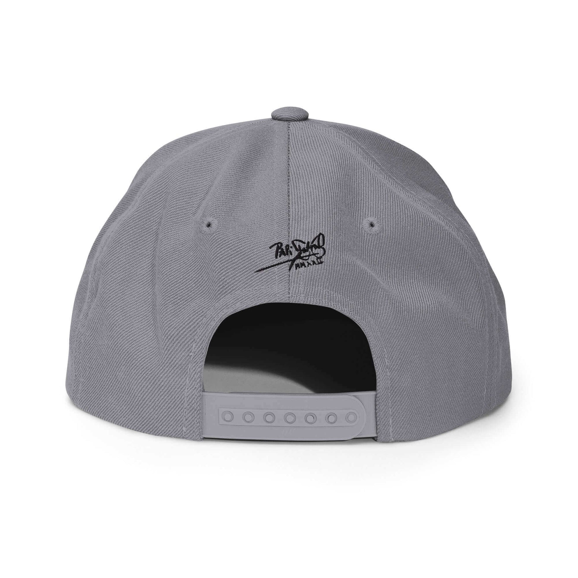  PapiJohn® The El Flamenco Duele 3D Special Edition Snapback in silver back perspective highlighting the retro adjustable sizing mechanism and flawless construction | Artist-Led Streetwear