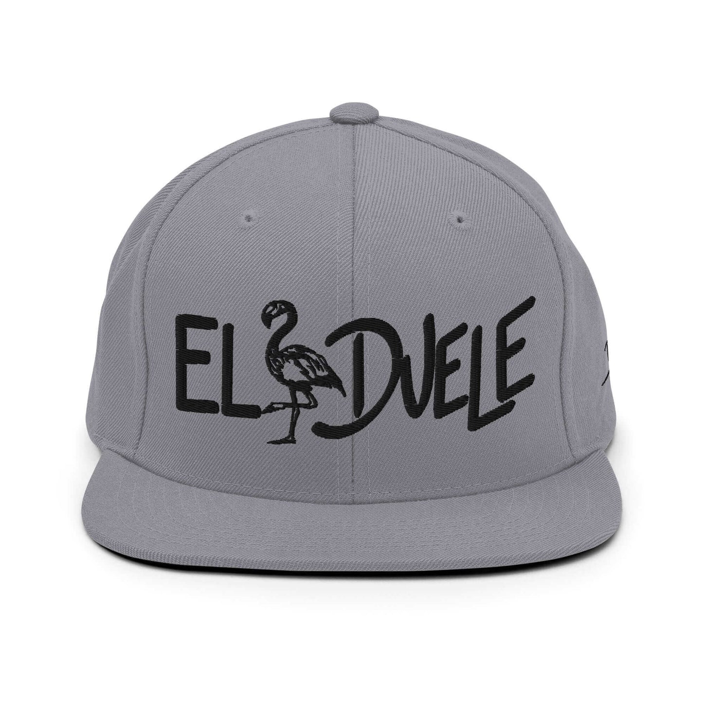 PapiJohn® The El Flamenco Duele 3D Special Edition Snapback in silver canvas front view focusing on the high-fidelity reflection of the black embroidered typography | Sala 1 Wearable Art Fashion