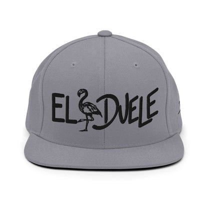 PapiJohn® The El Flamenco Duele 3D Special Edition Snapback in silver canvas front view focusing on the high-fidelity reflection of the black embroidered typography | Sala 1 Wearable Art Fashion