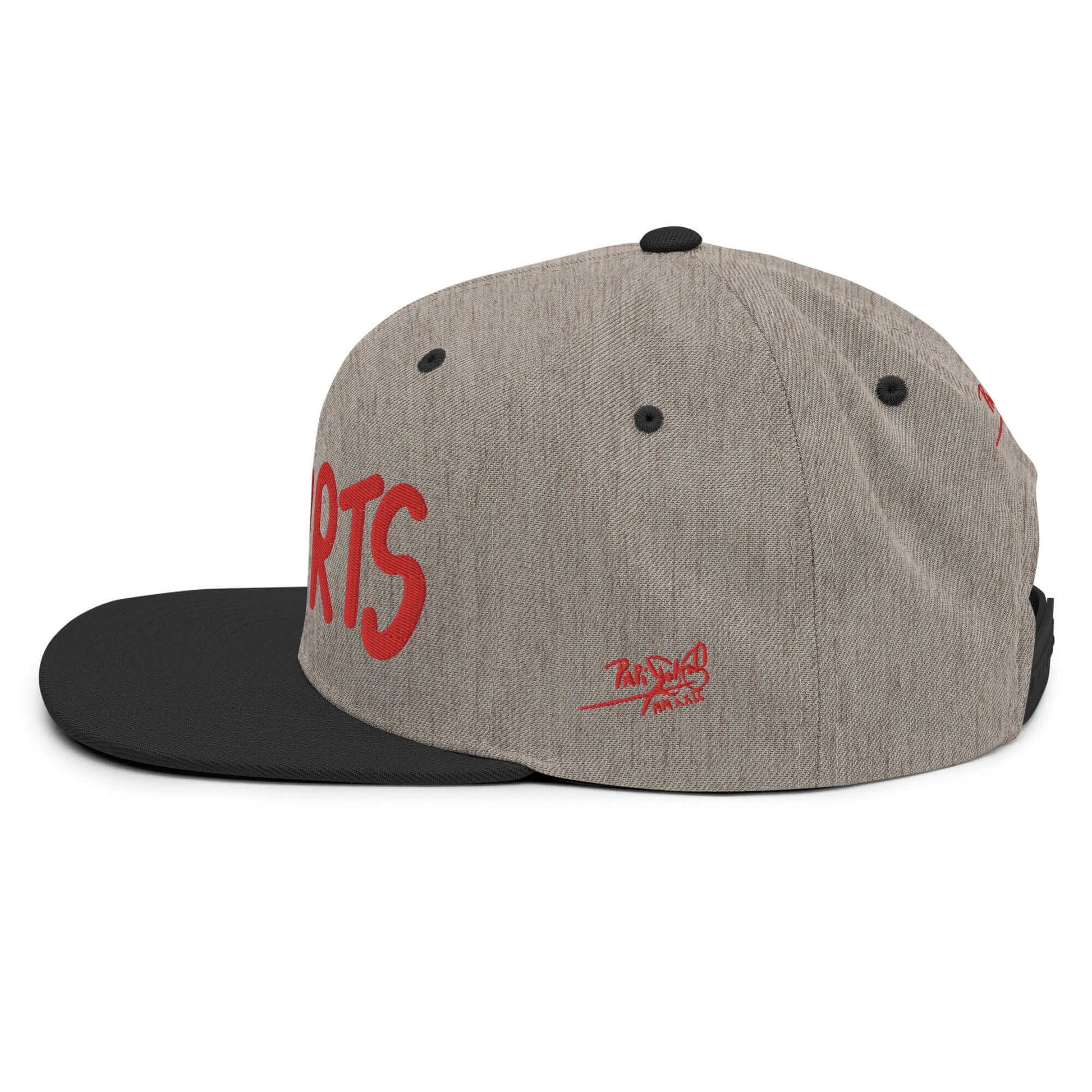 Snapback Hat papijohn Flamenco Hurts bordado rojo gris y negra perfil izquierdo