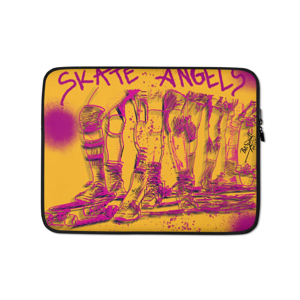PapiJohn® The Skate Angels Laptop Sleeve SALA 4 / Studio Essentials front view displaying the vibrant mustard backdrop and technical diagonal skater graphics wearable art fashion by $arah Free 💎 High-end conscious luxury streetwear de autor curated in Cadifornia.