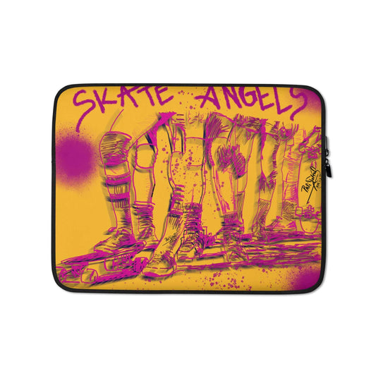 PapiJohn® The Skate Angels Laptop Sleeve SALA 4 / Studio Essentials front view displaying the vibrant mustard backdrop and technical diagonal skater graphics wearable art fashion by $arah Free 💎 High-end conscious luxury streetwear de autor curated in Cadifornia.