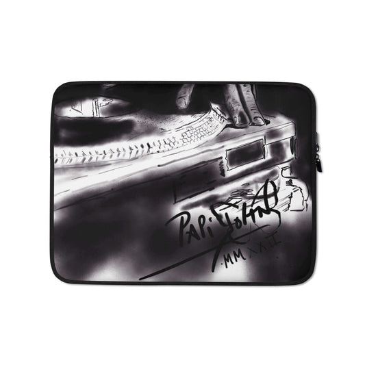 PapiJohn® The Raw DJ Laptop Sleeve Studio Essentials back view highlighting the minimalist solid black premium neoprene protective layout conscious art tech accessory curated in Cadifornia by $arah Free 💎.