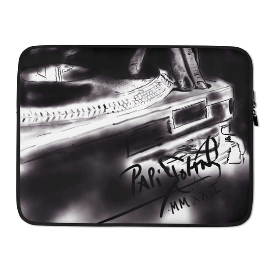 PapiJohn® The Raw DJ Designer Laptop Sleeve Studio Essentials front view displaying detailed black and white turntable technical sketch wearable art fashion by $arah Free 💎