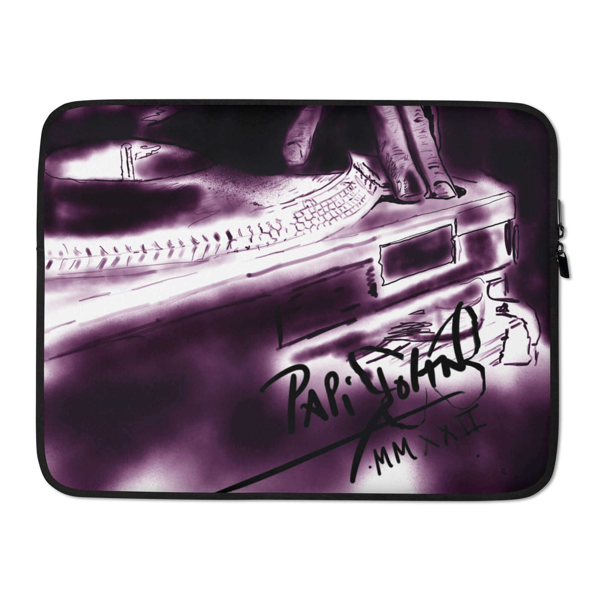PapiJohn® The DJ Origin Laptop Sleeve Studio Essentials back view showcasing the minimal solid dark premium protective neoprene layout graffiti artwork on a protective neoprene designer laptop sleeve 13 15 inch by $arah Free 💎. Funda de ordenador diseño de autor and studio essentials curated in Cadifornia.