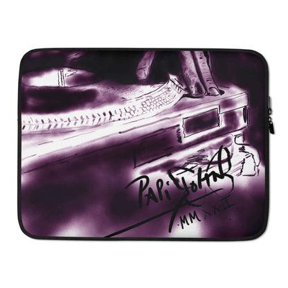 PapiJohn® The DJ Origin Laptop Sleeve Studio Essentials back view showcasing the minimal solid dark premium protective neoprene layout graffiti artwork on a protective neoprene designer laptop sleeve 13 15 inch by $arah Free 💎. Funda de ordenador diseño de autor and studio essentials curated in Cadifornia.