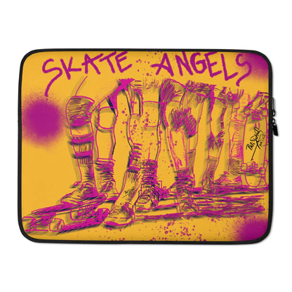 PapiJohn® The Skate Angels designer Laptop Sleeve Studio Essentials back view highlighting the sleek solid mustard premium neoprene protective layout by $arah Free 💎. High-end conscious luxury streetwear de autor curated in Cadifornia.