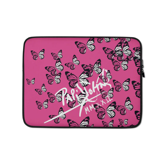 PapiJohn® Mil Mariposas designer Laptop Sleeve SALA 4 | Studio Essentials front view displaying the vibrant bubblegum pink canvas and ascending black and white butterfly swarm wearable art fashion by $arah Free 💎. High-end conscious luxury streetwear de autor curated in Cadifornia.
