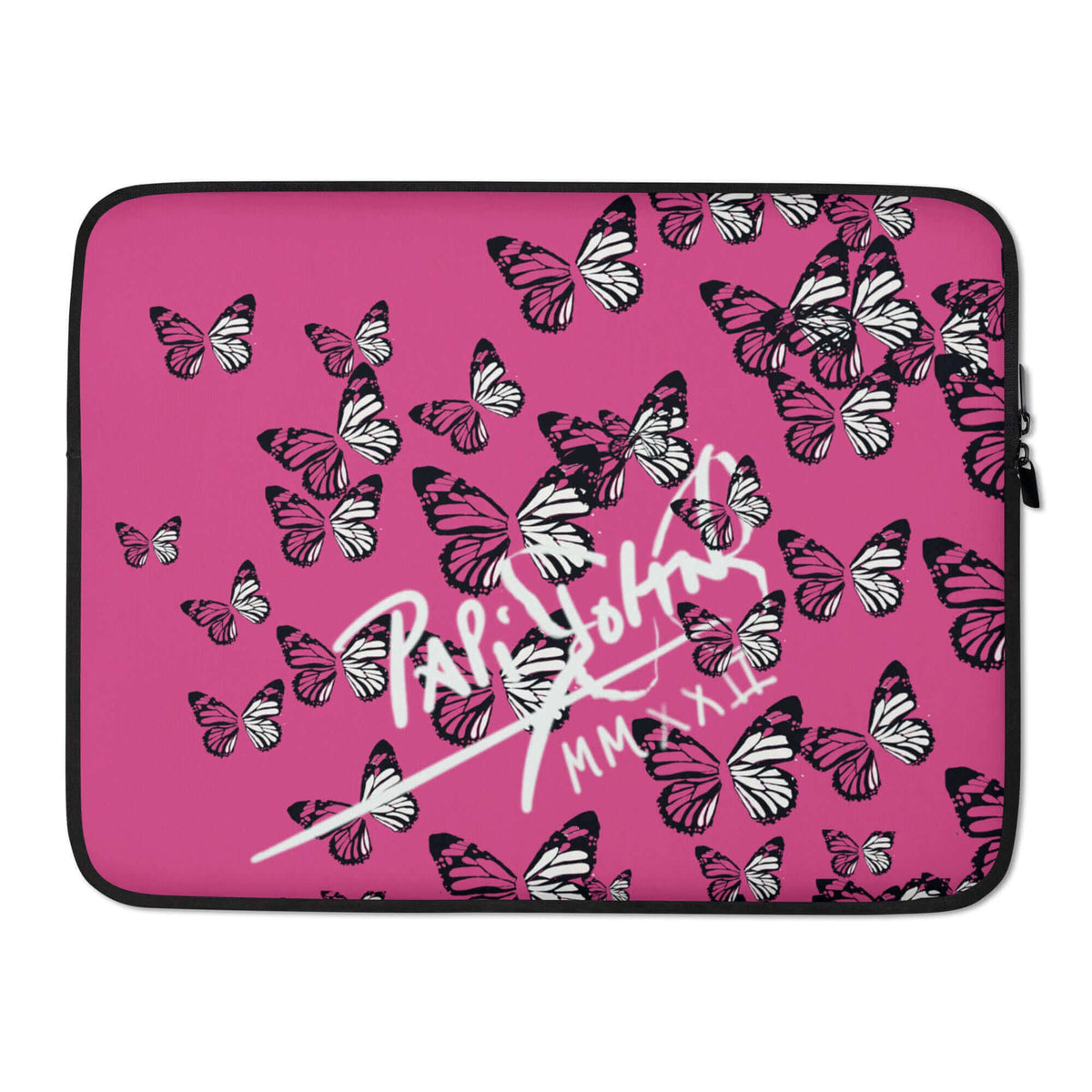 PapiJohn® Mil Mariposas designer Laptop Sleeve Studio Essentials back view showcasing the premium solid pink neoprene texture and sleek protective slow fashion framework by $arah Free 💎. High-end conscious luxury streetwear de autor curated in Cadifornia.
