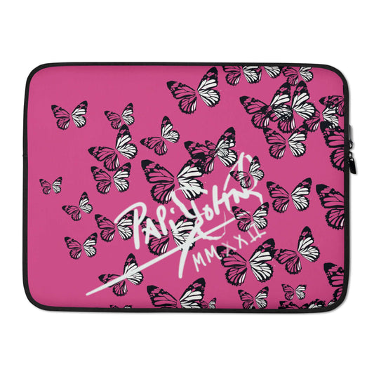 PapiJohn® Mil Mariposas designer Laptop Sleeve Studio Essentials back view showcasing the premium solid pink neoprene texture and sleek protective slow fashion framework by $arah Free 💎. High-end conscious luxury streetwear de autor curated in Cadifornia.