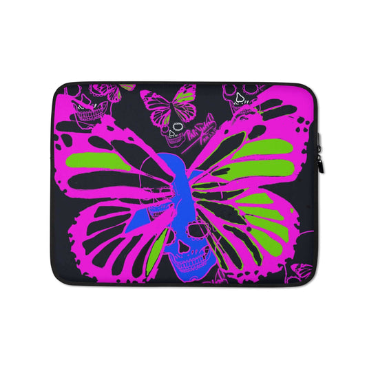 PapiJohn® Skulls & Butterflies Laptop Sleeve Studio Essentials clean front view displaying the neon skull and butterfly wearable art fashion design by $arah Free 💎Gallery archive piece, conscious art luxury apparel , and wearable art curated in Cadifornia