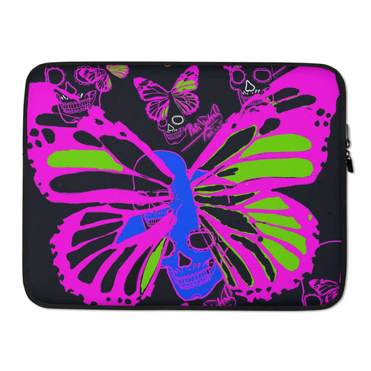 PapiJohn® Skulls & Butterflies designer Laptop Sleeve Studio Essentials / SALA 5 | STUDIO ESSENTIALS back view showcasing the premium faded black neoprene texture and sleek minimalist slow fashion protective layout by PapiJohn®. High-end conscious luxury streetwear de autor curated in Cadifornia.