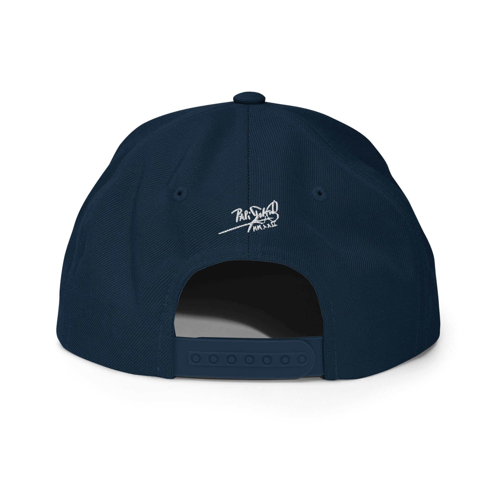 PapiJohn® The Flamenco 3D Signature Snapback in dark navy back perspective tracing the premium high-profile panel alignment and adjustable snap closure mechanism | Artist-Led Streetwear